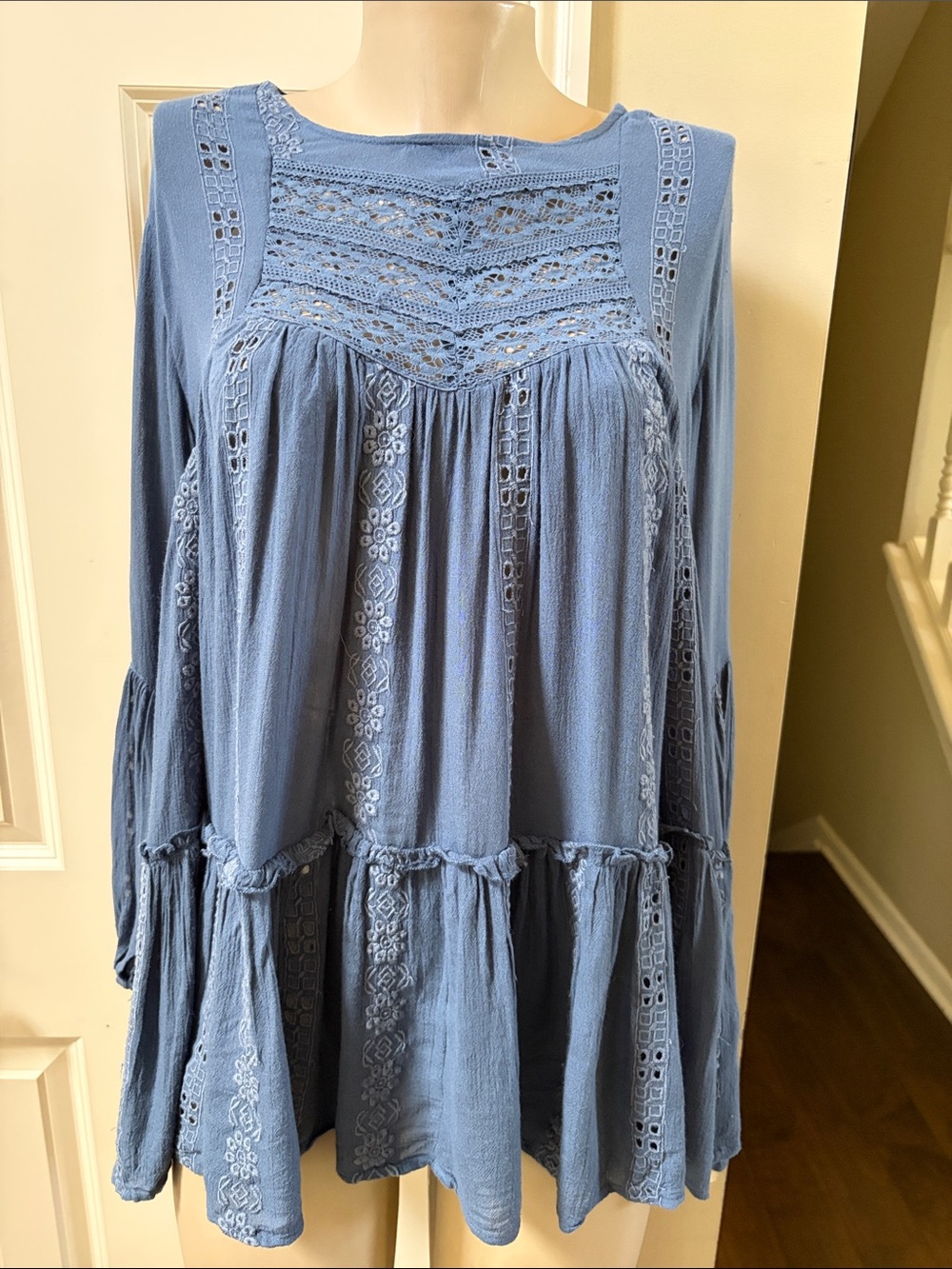 NWT Free People  Blue Crochet Panel Babydoll Tunic, XS